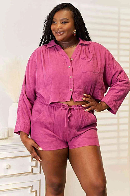 Casual Summer Outfit: 2-Piece Buttoned Long Sleeve Top & Shorts Set for Stylish Comfort Trendsi