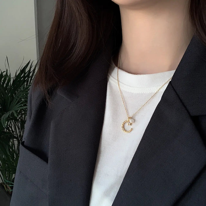 Celestial Elegance S925 Silver Star Moon Pendant Necklace Natural Baroque Pearl Crushes.