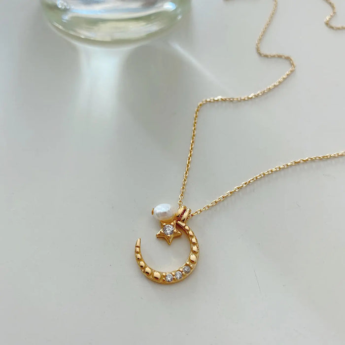 Celestial Elegance S925 Silver Star Moon Pendant Necklace Natural Baroque Pearl Crushes.