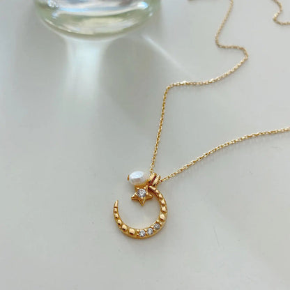 Celestial Elegance S925 Silver Star Moon Pendant Necklace Natural Baroque Pearl Crushes.
