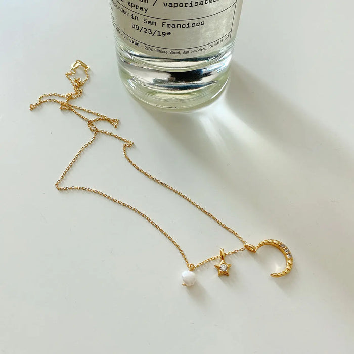 Celestial Elegance S925 Silver Star Moon Pendant Necklace Natural Baroque Pearl Crushes.