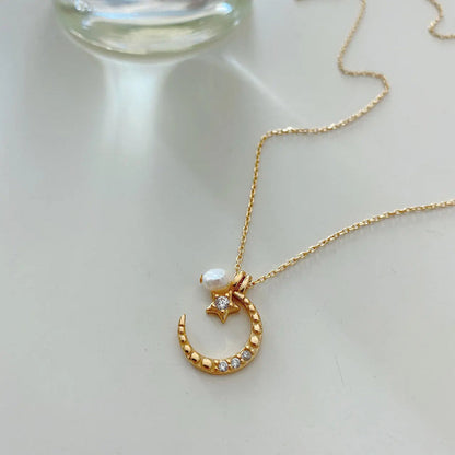 Celestial Elegance S925 Silver Star Moon Pendant Necklace Natural Baroque Pearl Crushes.
