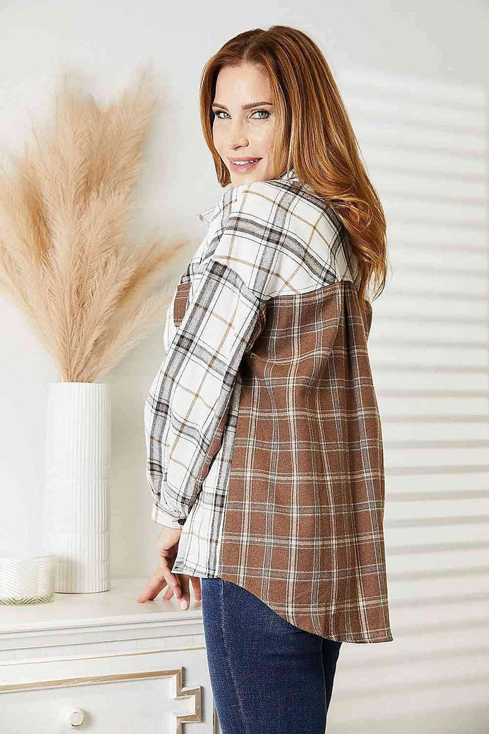 Chic Double Take Plaid Button Up Shirt Jacket with Contrast Design and Pocketed Detail Trendsi