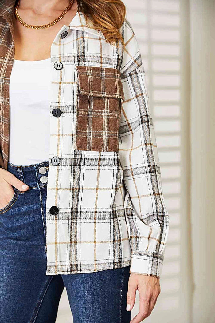 Chic Double Take Plaid Button Up Shirt Jacket with Contrast Design and Pocketed Detail Trendsi