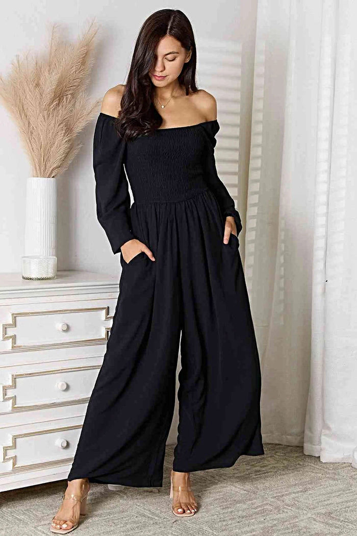 Chic Double Take Square Neck Jumpsuit with Pockets – Smocked Design, Opaque, 100% Polyester Trendsi