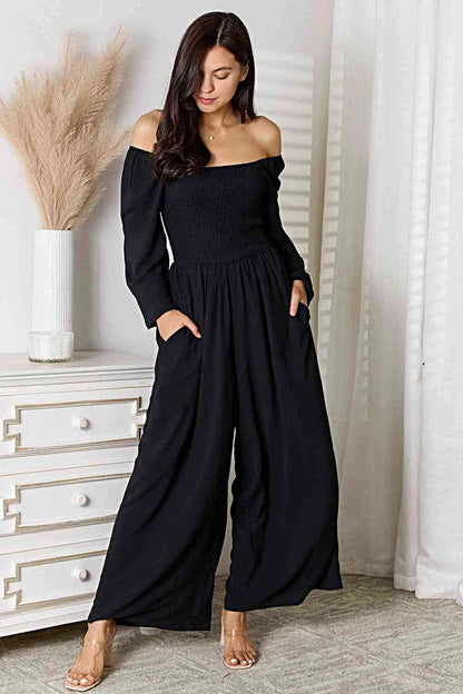 Chic Double Take Square Neck Jumpsuit with Pockets – Smocked Design, Opaque, 100% Polyester Trendsi