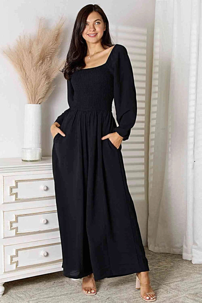 Chic Double Take Square Neck Jumpsuit with Pockets – Smocked Design, Opaque, 100% Polyester Trendsi
