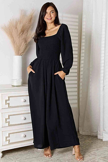 Chic Double Take Square Neck Jumpsuit with Pockets – Smocked Design, Opaque, 100% Polyester Trendsi