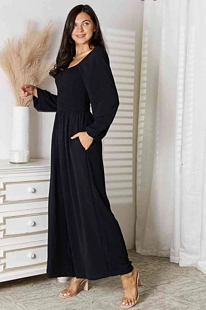 Chic Double Take Square Neck Jumpsuit with Pockets – Smocked Design, Opaque, 100% Polyester Trendsi