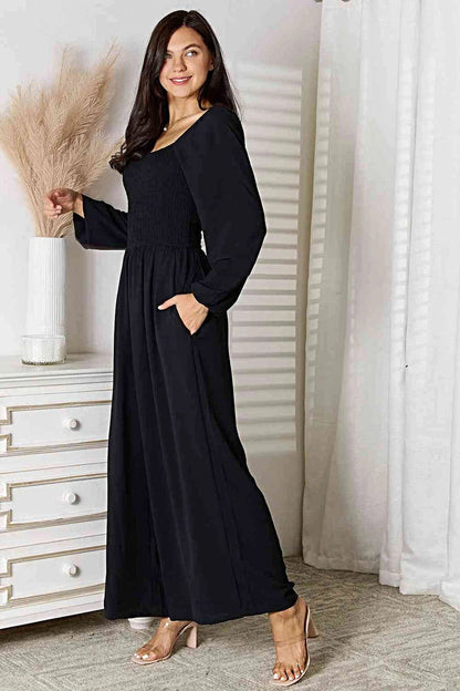 Chic Double Take Square Neck Jumpsuit with Pockets – Smocked Design, Opaque, 100% Polyester Trendsi