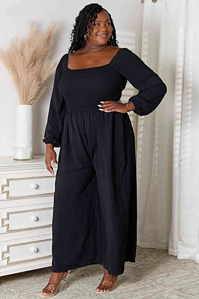 Chic Double Take Square Neck Jumpsuit with Pockets – Smocked Design, Opaque, 100% Polyester Trendsi