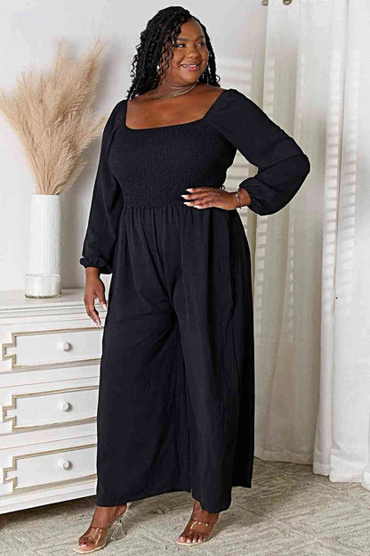 Chic Double Take Square Neck Jumpsuit with Pockets – Smocked Design, Opaque, 100% Polyester Trendsi