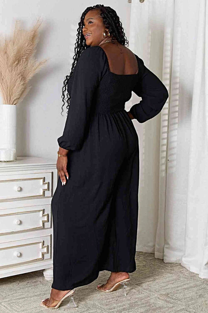 Chic Double Take Square Neck Jumpsuit with Pockets – Smocked Design, Opaque, 100% Polyester Trendsi
