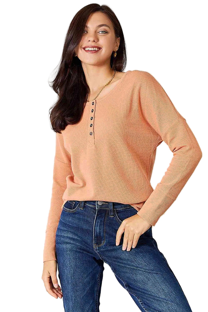 Chic Basic Bae Half Button Long Sleeve Top - Versatile Opaque Style with Moderate Stretch Trendsi