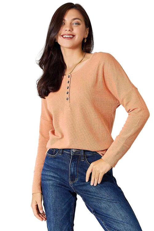 Chic Basic Bae Half Button Long Sleeve Top - Versatile Opaque Style with Moderate Stretch Trendsi
