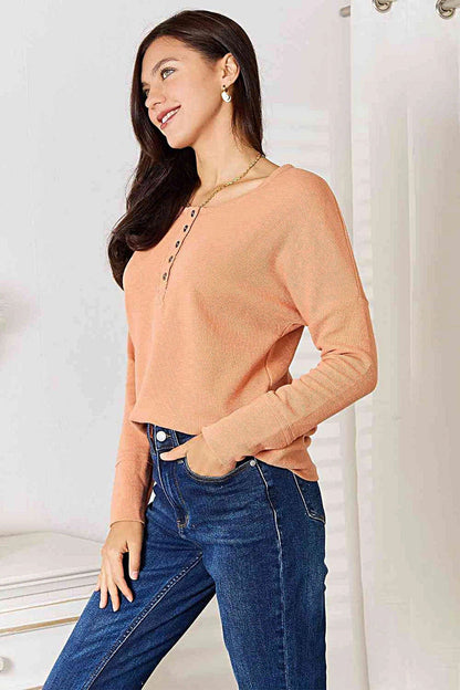 Chic Basic Bae Half Button Long Sleeve Top - Versatile Opaque Style with Moderate Stretch Trendsi