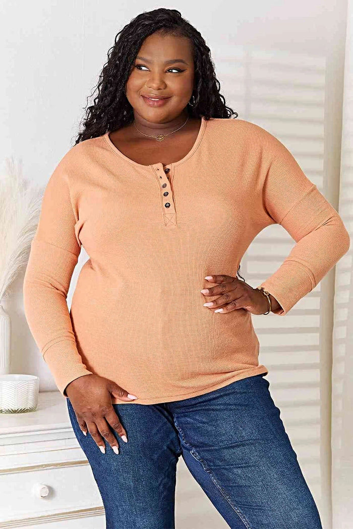 Chic Basic Bae Half Button Long Sleeve Top - Versatile Opaque Style with Moderate Stretch Trendsi