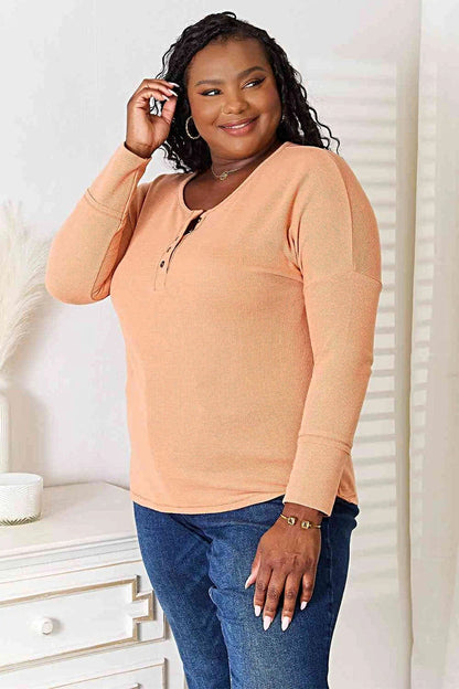 Chic Basic Bae Half Button Long Sleeve Top - Versatile Opaque Style with Moderate Stretch Trendsi