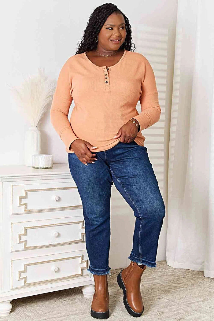 Chic Basic Bae Half Button Long Sleeve Top - Versatile Opaque Style with Moderate Stretch Trendsi