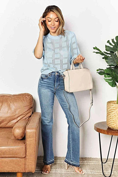 Chic Ribbed Knit Top with Round Neckline and Half Sleeves for Effortless Style Trendsi