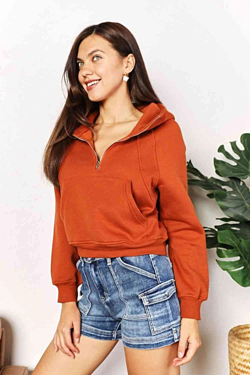 Chic Solid Half-Zip Hoodie with Long Raglan Sleeves and Cropped Design Trendsi