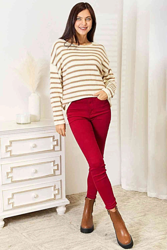 Chic Striped Boat Neck Sweater with Exposed Seam - Timeless Nautical Style Trendsi