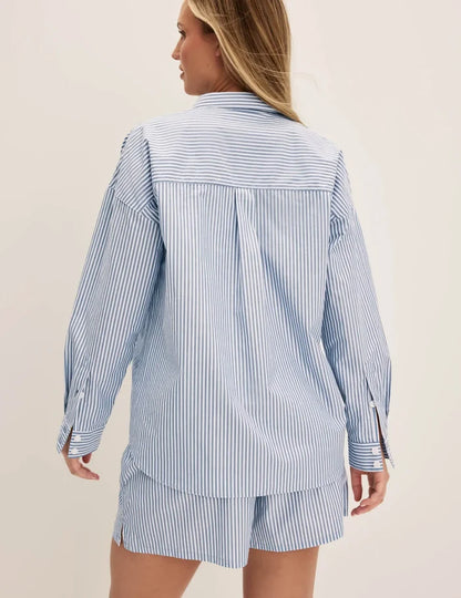 | Back view of model wearing the Classic Cotton PJ Set highlighting the coverage and fit | Blue Stripe