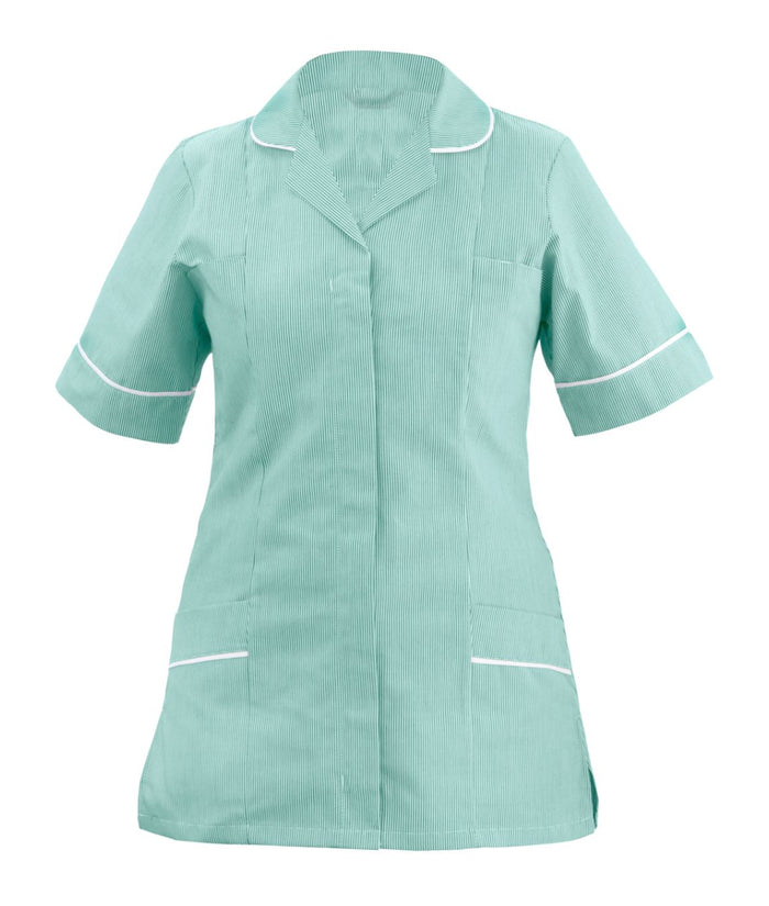 Classic Tunic With Stripes ladies tunic striped fabric rounded revere collar contrast piping two lined chest pockets concealed front zip
