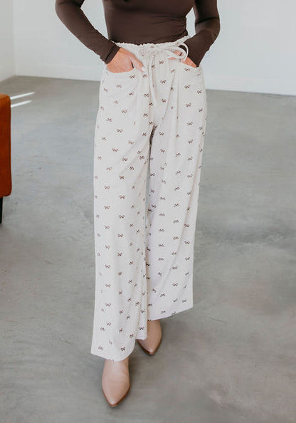 Cream Corduroy Bow Print Pants