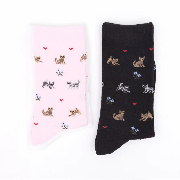 Women Design Cat Kitten Black Pink 2-8 Cotton Women Crew Socks AU Stock - Pantsnsox