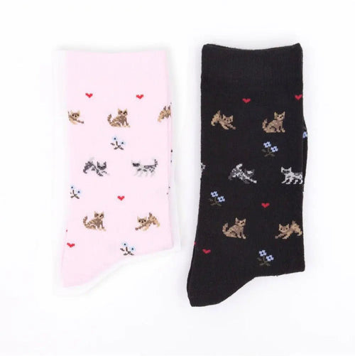 Women Design Cat Kitten Black Pink 2-8 Cotton Women Crew Socks AU Stock - Pantsnsox