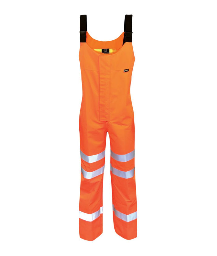 Danube Goretex Hi-Vis overalls with heat-applied reflective tape elastic shoulder braces two-way front zip adjustable ankle zips