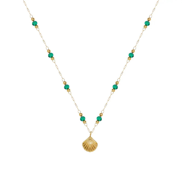 Delicate Gold-Plated Shell Pendant Necklace with Green Glass Beads Crushes.