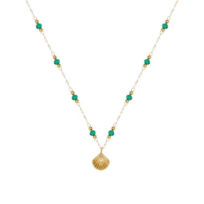Delicate Gold-Plated Shell Pendant Necklace with Green Glass Beads Crushes.