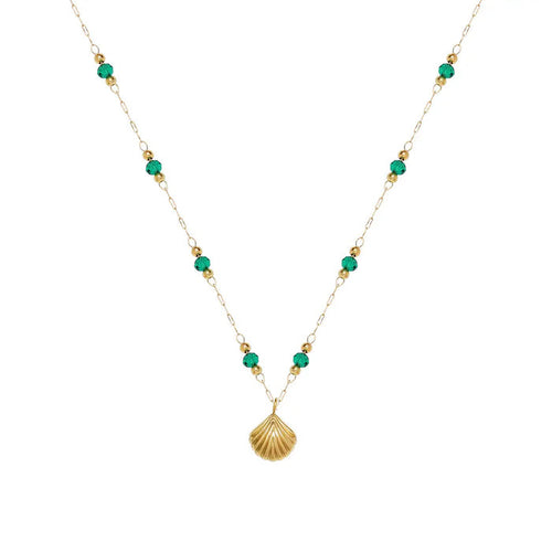 Delicate Gold-Plated Shell Pendant Necklace with Green Glass Beads Crushes.