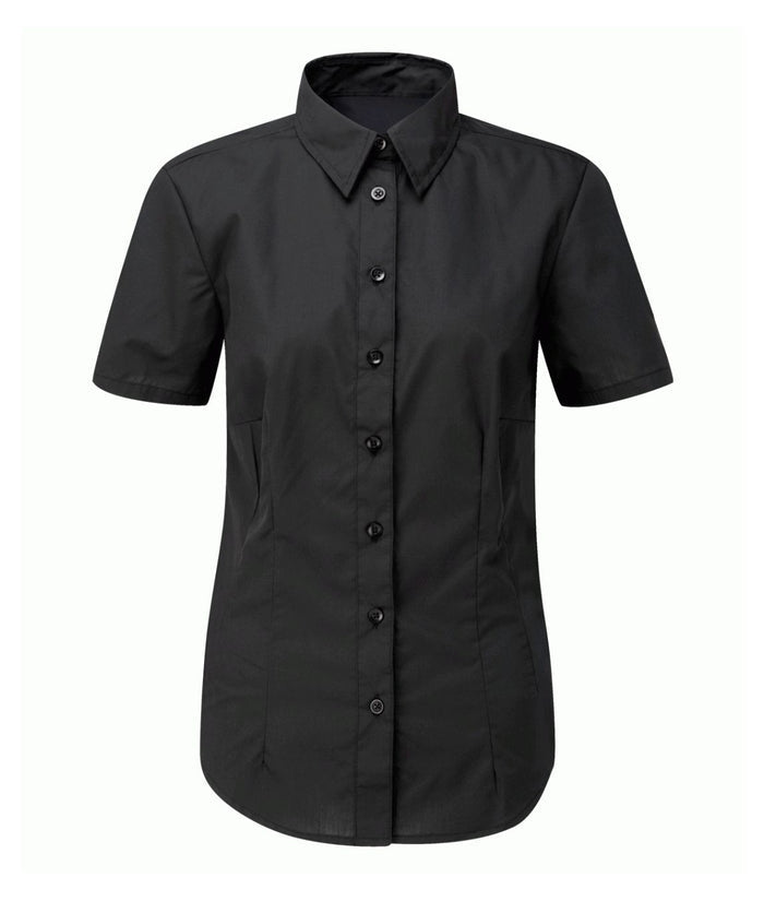 Deluxe Blouse Short Sleeve 65% polyester 35% cotton 115GSM soft collar placket front bust darts curved hem