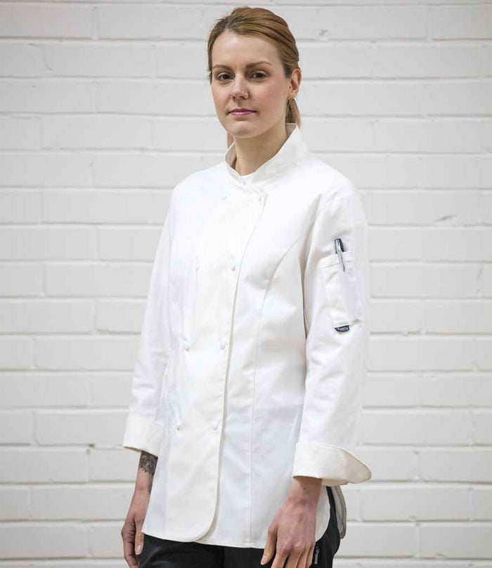 Dennys Ladies Long Sleeve Premium Chef's Jacket | White - Eg Clothing UK