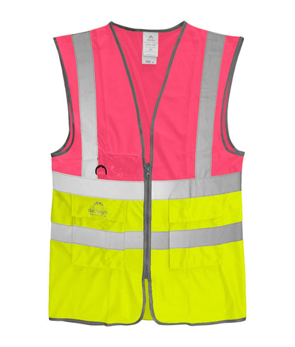 Dhow Hi-vis Two Tone Waistcoat yellow orange with zip front reflective tape vented mesh back lower pockets and ID holder