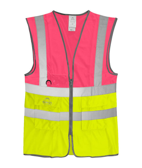 Dhow Hi-vis Two Tone Waistcoat yellow orange with zip front reflective tape vented mesh back lower pockets and ID holder