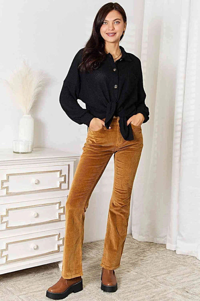 Double Take Waffle-Knit Collared Neck Dropped Shoulder Shirt Trendsi