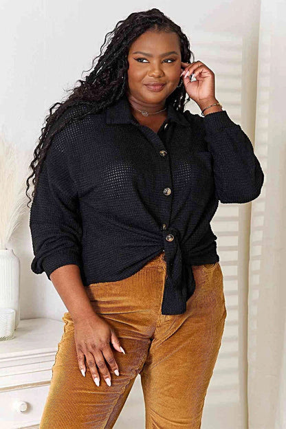 Double Take Waffle-Knit Collared Neck Dropped Shoulder Shirt Trendsi