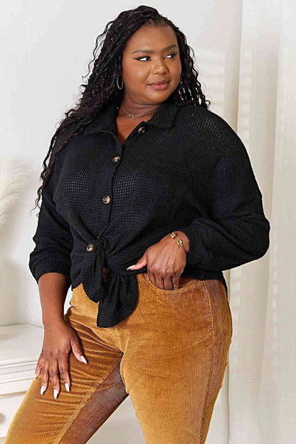Double Take Waffle-Knit Collared Neck Dropped Shoulder Shirt Trendsi