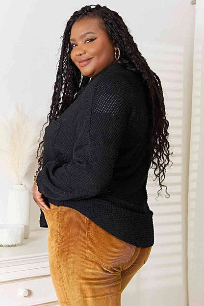 Double Take Waffle-Knit Collared Neck Dropped Shoulder Shirt Trendsi
