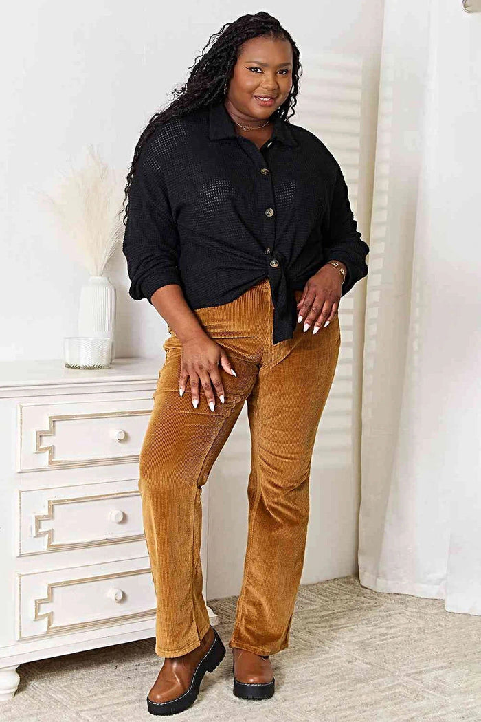 Double Take Waffle-Knit Collared Neck Dropped Shoulder Shirt Trendsi