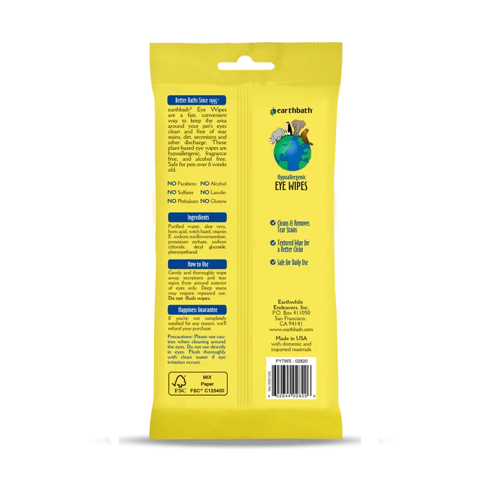 Earthbath Hypo Allergenic Eye Wipes w/ Witch Hazel & Aloe - Dog.Dog.Cat.