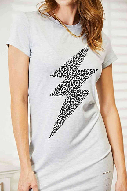 Edgy Graphic Dress: Double Take Leopard Lightning Mini Tee Dress with Short Sleeves Trendsi