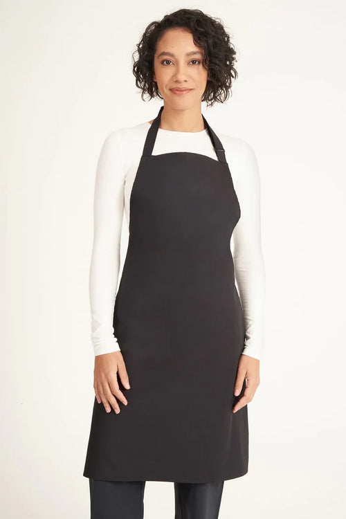 Behrens Adjustable Bib Apron showing adjustable neckband 195GSM 65% polyester 35% cotton vat-dyed fabric