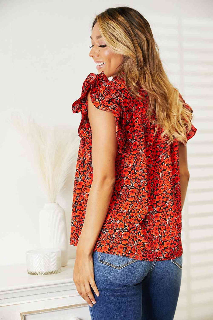 Elegance Redefined: Floral Flutter Sleeve Blouse With Chic Notched Neckline Trendsi