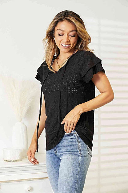 Elegant Double Take Flutter Sleeve Blouse With Eyelet Tie-Neck Design Trendsi