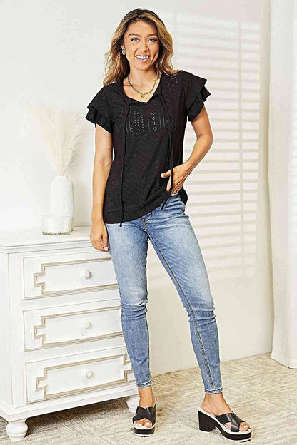 Elegant Double Take Flutter Sleeve Blouse With Eyelet Tie-Neck Design Trendsi